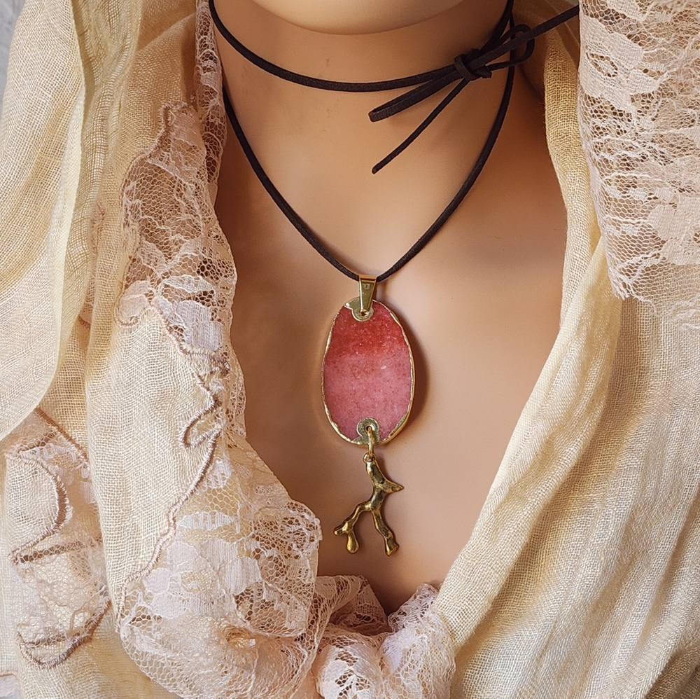 Large Natural Strawberry Quartz Stone Necklace Long Black Rope Cord